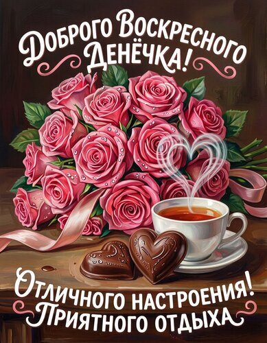 Красивая открытка на воскресенье: букет розовых роз, чашка чая и шоколадные сердечки. Пожелание отличного настроения и приятного отдыха! Открытка Доброго воскресного денечка Красивая поздравительная открытка к воскресенью с пышным букетом нежно-розовых роз, украшенных каплями росы. На переднем плане уютная композиция: чашка горячего ароматного чая и два шоколадных печенья в форме сердечек. Теплые тона и романтическая атмосфера создают ощущение уюта и спокойствия. На картинке расположены вдохновляющие надписи на русском языке: «Доброго воскресного денечка!» и «Отличного настроения! Приятного отдыха»