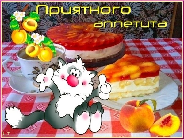 Аппетитный десерт с персиками, чашка чая и веселый мультяшный кот. Картинка с надписью «Приятного аппетита» для создания уютного настроения. Открытка Приятного аппетита Яркое и аппетитное изображение, сочетающее в себе фотографию домашнего десерта и забавную рисованную иллюстрацию. На снимке представлен многослойный фруктовый торт с персиками на красной клетчатой скатерти, дополненный чашкой чая и спелыми плодами. Поверх изображения наложена надпись на русском языке «Приятного аппетита» стилизованным шрифтом. Мультяшный серый кот с розовым носом радостно жестикулирует на переднем плане, создавая позитивное и уютное настроение
