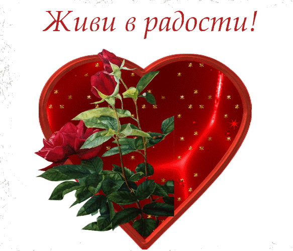 Красивая открытка с красными розами, сердцем и надписью «Живи в радости!». Идеальное поздравление с пожеланием любви, счастья и позитивных эмоций. Анимированная открытка Живи в радости! Красивая праздничная открытка с изображением алых роз на фоне большого красного сердца. На картинке присутствует вдохновляющая надпись на русском языке «Живи в радости!». Композиция выполнена в насыщенных красных тонах с золотистыми искрами, что создает атмосферу любви, счастья и позитивных эмоций