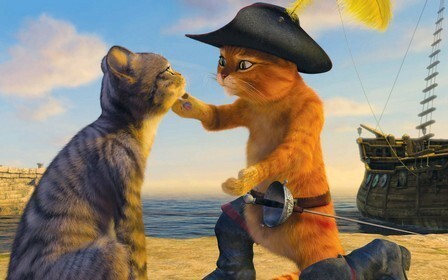Кот в сапогах и котенок на фоне моря и пиратского корабля. Кадр из мультфильма: приключения, дружба и морской пейзаж в ярком анимационном стиле. Открытка Кот в сапогах кот в сапогах Атмосферный кадр из анимационного фильма «Кот в сапогах», на котором запечатлен эмоциональный момент взаимодействия между рыжим котом-пиратом в треуголке и маленьким серым котенком на фоне морского пейзажа с парусником. Изображение передает дух приключений, дружбы и сказочной атмосферы