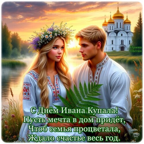 Поздравление с праздником Ивана Купала: красивая открытка с парой в славянских костюмах, цветами и пожеланием семейного счастья и процветания. Открытка День Ивана Купала Красивая праздничная открытка к празднику Ивана Купала. На изображении молодая пара в традиционных славянских вышиванках на фоне живописного пейзажа с рекой, закатом и белокаменным храмом. Девушка в цветочном венке