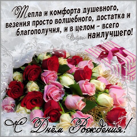 Открытка с днем рождения: букет красивых роз и теплые пожелания счастья, везения и благополучия. Идеальное поздравление для близких! Открытка С Днем Рождения! Красивая поздравительная открытка к Дню рождения с пышным букетом красных и розовых роз. На изображении расположен праздничный текст на русском языке с пожеланиями тепла, душевного комфорта, волшебного везения, достатка и благополучия