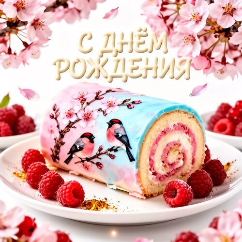 Поздравительная открытка «С днем рождения» с нежным тортом-рулетом, ягодами малины и цветами сакуры. Красивое праздничное изображение для пожеланий. Открытка С днем рождения Красивая поздравительная открытка к дню рождения с аппетитным тортом-рулетом. На изображении представлен нежный бисквитный рулет с малиновой начинкой, украшенный росписью в виде веточек сакуры и милых птичек на голубом и розовом фоне. Композиция дополнена свежими ягодами малины и цветущими розовыми цветами сакуры. Надпись золотистыми буквами «С днем рождения» создает праздничную атмосферу
