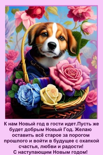 Новогодняя открытка с милым щенком и цветами. Пожелание счастья, любви и радости в наступающем Новом году. Красивое праздничное поздравление для близких. Открытка К нам Новый год в гости идет. Пусть же будет добрым Новый Год. Желаю оставить все старое за порогом пр Красочная поздравительная открытка к Новому году с милым щенком в корзине цветов. На изображении представлены пышные розовые, голубые и желтые розы на фоне нежных цветов. В нижней части открытки расположен трогательный текст на русском языке с пожеланиями счастья, любви и радости в наступающем году