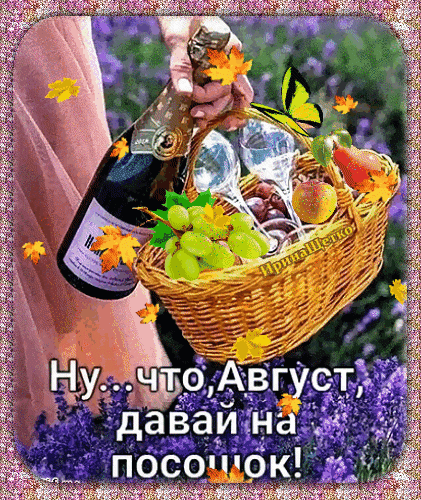 Поздравительная открытка к августу с корзиной фруктов, вином и лавандой. Юмористическая надпись Ну... что, Август, давай на посошок! для летнего настроения. Анимированная открытка На посошок! Красочная поздравительная открытка на тему августа. На изображении представлен корзинка с виноградом и персиками, бокалы для вина и бутылка игристого на фоне цветущей лаванды. Картинка украшена осенними кленовыми листьями и содержит юмористическую надпись на русском языке: Ну... что, Август, давай на посошок!