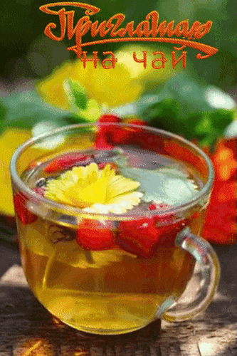 Аппетитный травяной чай с малиной и цветком ромашки в стеклянной кружке. Уютная атмосфера летнего чаепития и натуральных ингредиентов. Анимированная открытка Приглашаю на чай! Уютное и аппетитное изображение чашки ароматного травяного чая с добавлением свежих ягод малины и нежного цветка ромашки. Прозрачная стеклянная кружка наполнена золотистым напитком, который подчеркивает натуральность и свежесть ингредиентов. На заднем плане виднеется мягкая зелень и солнечные блики, создающие атмосферу теплого летнего дня, спокойствия и домашнего уюта