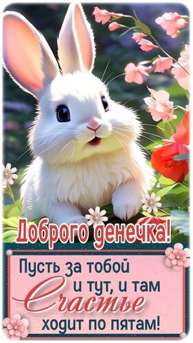 Милая открытка с белым кроликом и пожеланием доброго дня! Пусть счастье ходит по пятам! — идеальное доброе пожелание для друзей и близких. Открытка Доброго денечка! Милая цифровая открытка с изображением пушистого белого кролика на фоне весенних цветов. На картинке присутствует поздравительная надпись на русском языке: 