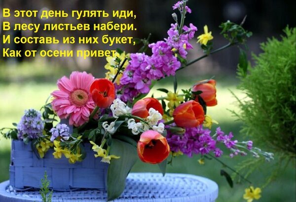 Яркий букет весенних цветов в корзинке на фоне сада с поэтичной надписью. Эстетичное фото для открыток и вдохновения природой. Открытка В этот день гулять иди, В лесу листьев набери. И составь из них букет, Как от осени привет. Красочный букет из ярких весенних цветов: розовой герберы, красных тюльпанов и фиолетовой маттиолы в плетеной корзинке. На фоне — размытый зеленый сад и солнечный свет. Изображение дополнено поэтичными строками о прогулке в лесу и сборе осенних приветствий