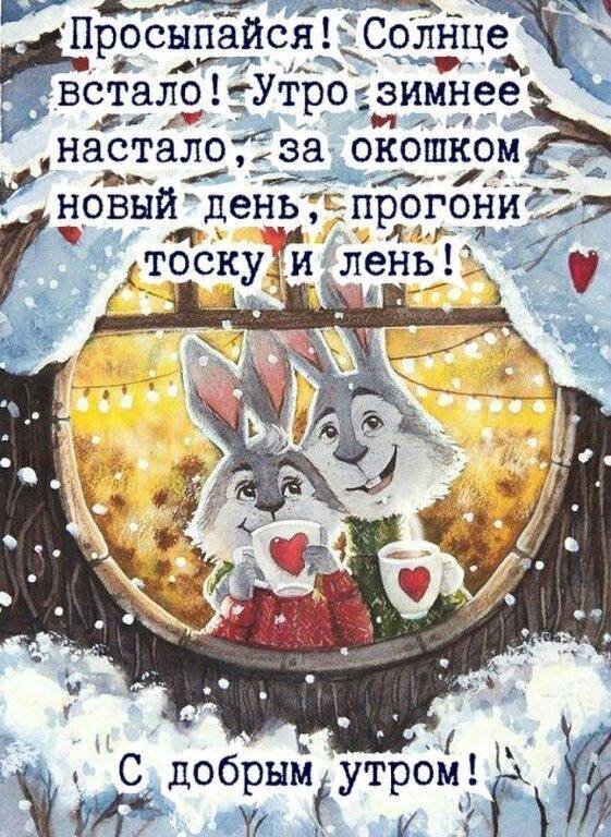 Милая зимняя открытка с зайчиками и пожеланием доброго утра. Уютная картинка для поднятия настроения в морозный зимний день. С добрым утром! Открытка Просыпайся! Солнце встало, утро зимнее настало! Уютная зимняя открытка с милыми зайчиками, которые пьют горячий чай или кофе из кружек с сердечками. На картинке изображено зимнее утро за окном, заснеженные ветки и морозный пейзаж. Надпись на русском языке: Просыпайся! Солнце встало! Утро зимнее настало, за окошком новый день, прогони тоску и лень! С добрым утром!. Идеально подходит для поздравления близких, друзей и любимых с добрым зимним утром