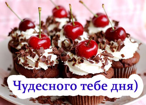 Шоколадные капкейки с кремом и вишней и надписью «Чудесного тебе дня». Красивая поздравительная открытка с аппетитным десертом для доброго пожелания. Открытка Чудесного тебе дня Аппетитные шоколадные капкейки с пышным белым кремом, украшенные шоколадной стружкой и свежими спелыми вишнями с хвостиками. Десерты красиво разложены на тарелке. На переднем плане расположена надпись на русском языке «Чудесного тебе дня», что делает изображение идеальной поздравительной открыткой для отправки друзьям или близким в мессенджерах и социальных сетях