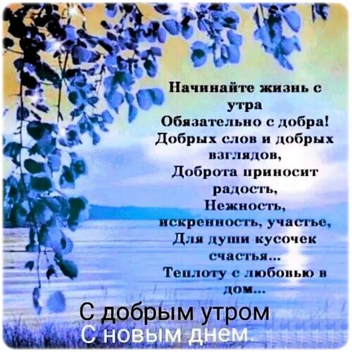 Красивая открытка «С добрым утром!» с вдохновляющими словами о добре, радости и любви на фоне морского пейзажа. Пожелание нового дня и хорошего настроения. Открытка Доброе утро! Красивая поздравительная открытка с пожеланием доброго утра. На фоне спокойного морского пейзажа с синими листьями на переднем плане расположен вдохновляющий текст на русском языке. Текст призывает начинать жизнь с добра, добрых слов и взглядов, которые приносят радость, нежность и искренность