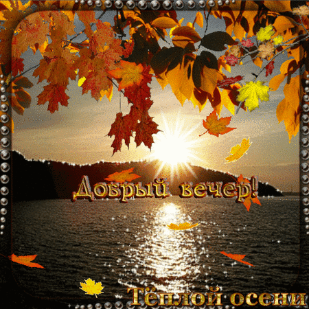 Осенняя открытка «Добрый вечер! Теплой осени!» с красивым закатом над водой и золотыми кленовыми листьями. Теплое пожелание для близких и друзей. Анимированная открытка Добрый вечер! Теплой осени! Красивая осенняя открытка с пожеланием «Добрый вечер! Теплой осени!». На изображении запечатлен живописный закат над спокойной водной гладью, сквозь золотистые и багряные листья кленовых ветвей пробиваются яркие солнечные лучи. Атмосферный пейзаж с бликами солнца на воде и осенней листвой создает уютное и теплое настроение