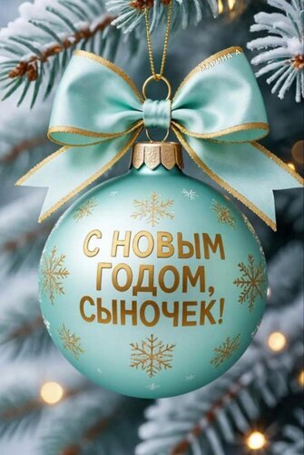 Новогодняя открытка с бирюзовым шаром и золотой надписью «С новым годом, сыночек!». Праздничный декор, снежинки и уютная атмосфера зимнего праздника. Открытка С Новым годом, сыночек! Праздничная цифровая открытка с новогодним шаром нежно-бирюзового цвета, украшенным золотистыми снежинками. На шаре каллиграфической надписью на русском языке нанесено теплое поздравление: 