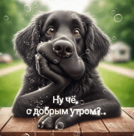 Забавный черный щенок с надписью Ну че, с добрым утром?... Милая картинка-открытка для пожелания доброго утра друзьям и близким. Анимированная открытка Ну че, с добрым утром?.. Милая и забавная картинка с черным пушистым щенком, который сидит в задумчивой позе, подперев мордочку лапой. На изображении видна надпись на русском языке: Ну че, с добрым утром?... Фон размытый, напоминающий парк или сад с пузырьками воздуха, создающими сказочную атмосферу