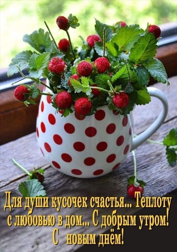 Уютная открытка с ягодами в кружке в горошек. Надпись: Для души кусочек счастья... С добрым утром! С новым днем!. Теплые пожелания для души и дома. Открытка С добрым утром! С новым днем! Красивая и уютная открытка с изображением спелых красных ягод в белой кружке в красный горошек. Ягоды стоят в вазе на деревянном фоне, создавая атмосферу домашнего тепла и летнего уюта. На картинке наложен текст на русском языке: Для души кусочек счастья... Теплоту с любовью в дом... С добрым утром! С новым днем!