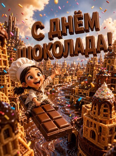 Праздничная 3D иллюстрация к Дню шоколада: веселая девочка-кондитер на шоколадной плитке в сказочном городе из сладостей. Надпись С Днем шоколада! Открытка С самым вкусным праздником - С днем шоколада Яркая и аппетитная праздничная иллюстрация, посвященная Дню шоколада. На картинке изображена маленькая девочка-кондитер в белом колпаке, весело катящаяся на огромной плитке шоколада сквозь фантастический город, полностью построенный из сладостей. Город состоит из шоколадных зданий, бисквитных домов и вафельных башен, украшенных цветной посыпкой. На заднем плане видны реки из жидкого шоколада под нежным закатным небом. В верхней части изображения крупная объемная надпись из шоколада:  С ДНЕМ Шоколада!