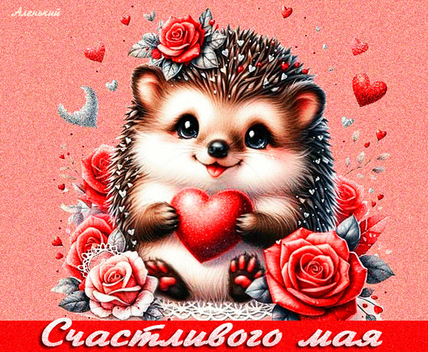 Милая открытка с ежиком, красными розами и сердцем. Поздравление «Счастливого мая!» на розовом фоне. Идеально для весенних пожеланий и праздничного настроения. Анимированная открытка Счастливого мая! Милая и праздничная открытка с изображением очаровательного ежика, который держит в лапках большое красное сердце. Композиция украшена пышными красными розами, нежными лепестками и маленькими сердечками на розовом блестящем фоне. В нижней части изображения расположена красивая надпись на русском языке «Счастливого мая!». Идеально подходит для поздравлений, передачи теплых эмоций, пожеланий любви и радости в мае