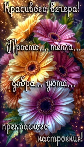 Поздравительная открытка с букетом ярких гербер и пожеланием доброго, теплого и уютного вечера. Красивое изображение для отправки друзьям и близким. Открытка Добрый вечер Красивая поздравительная открытка с ярким букетом гербер различных оттенков: розового, желтого и оранжевого. На изображении наложен вдохновляющий текст на русском языке: Красивого вечера! Просто... тепла... добра... уюта... прекрасного настроения!. Картинка наполнена магическими искрами и мягким светом, создавая атмосферу тепла и уюта