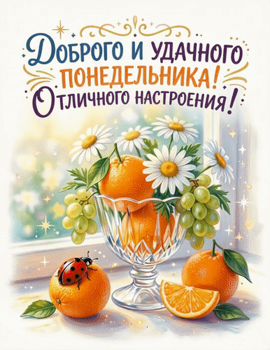 Поздравительная открытка: «Доброго и удачного понедельника! Отличного настроения!» Яркий натюрморт с мандаринами, ромашками и божьей коровкой. Анимированная открытка Доброго и удачного понедельника Красочная поздравительная открытка с пожеланием доброго и удачного понедельника. На изображении представлен натюрморт: стеклянная ваза с сочными мандаринами и белыми ромашками, гроздья зеленого винограда, спелые апельсины и милая божья коровка на фрукте