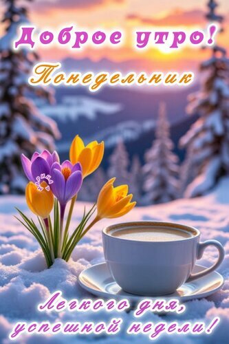 Доброе утро! Понедельник. Красивая открытка с весенними крокусами, чашкой кофе и зимним пейзажем. Пожелание легкого дня и успешной недели. Открытка Доброе утро! Понедельник. Легкого дня, успешной недели! Красивая поздравительная открытка с пожеланием доброго утра и успешного понедельника. На изображении запечатлен уютный зимний пейзаж с заснеженными елями в лучах рассветного солнца. На переднем плане — нежные весенние крокусы желтого и фиолетового цвета, пробивающиеся сквозь снег, и чашка горячего кофе на блюдце. Текст на открытке гласит: 