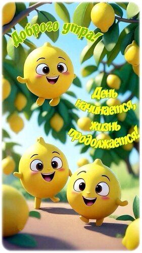 Милая открытка «Доброго утра!» с улыбающимися мультяшными лимонами. Позитивное пожелание хорошего дня для настроения в соцсетях и мессенджерах. Открытка Доброе утро! Яркая и позитивная открытка с милыми мультяшными лимонами, которые улыбаются и радуются новому дню. На изображении изображены очаровательные антропоморфные персонажи-лимоны на фоне сочного лимонного дерева под голубым небом. Текст на русском языке гласит: Доброго утра! День начинается, жизнь продолжается!. Идеально подходит для пожелания доброго утра, поднятия настроения и отправки друзьям или близким в мессенджерах и социальных сетях