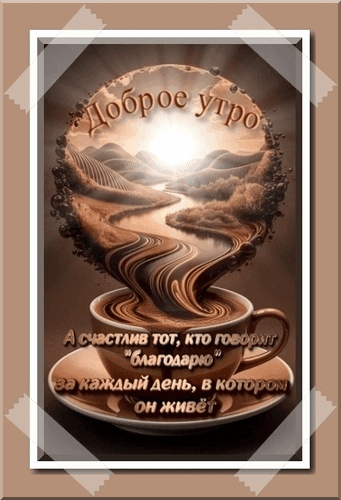 Красивая открытка «Доброе утро» с кофейным пейзажем и мотивирующей цитатой о благодарности. Идеальное пожелание для доброго начала дня. Анимированная открытка Доброе утро. А счастлив тот, кто говорит благодарю за каждый день, в котором он живет. Эстетичная открытка с пожеланием доброго утра. На изображении представлена художественная композиция: из чашки кофе поднимается пар, который превращается в живописный пейзаж с холмами, рекой и восходящим солнцем. Использованы теплые коричневые и бежевые тона. На картинке размещена вдохновляющая цитата на русском языке: «А счастлив тот, кто говорит благодарю за каждый день, в котором он живет»
