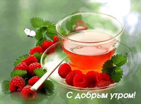 Уютная открытка «С добрым утром!» с чашкой ароматного чая и спелой малиной. Идеальное пожелание доброго утра для создания прекрасного настроения! Анимированная открытка С добрым утром! Атмосферная и уютная поздравительная открытка с надписью «С добрым утром!». На изображении представлена чашка ароматного янтарного чая в прозрачной стеклянной посуде, окруженная спелыми, сочными красными ягодами малины и свежими зелеными листьями. Композиция выполнена в мягких, светлых тонах, создавая ощущение тепла, свежести и приятного начала дня