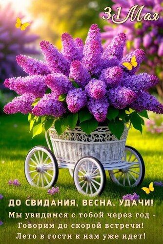 Красивая открытка с фиолетовой сиренью и бабочками. Текст: «До свидания, весна! Лето в гости к нам уже идет!». Поздравление с окончанием весны и приходом лета. Открытка ДО Свидания, Весна, Удачи! МЫ Увидимся С Тобой Через ГОД - Говорим ДО Сокрой Встречи! ЛЕТО В Гости К Красочное поздравительное изображение с пышным букетом фиолетовой сирени в белой декоративной корзине на колесах. На фоне — солнечный весенний сад с зеленью и летающими желтыми бабочками. На картинке на русском языке размещен трогательный текст: «До свидания, весна, удачи! Мы увидимся с тобой через год — Говорим до скорой встречи! Лето в гости к нам уже идет!»