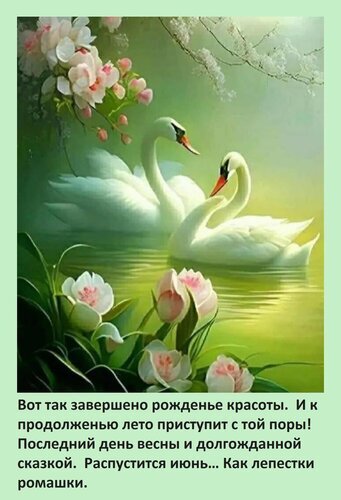 Романтичная картина: два белых лебедя на воде среди нежных цветов и весенней зелени. Символ любви, красоты и гармонии природы. Идеально для декора. Открытка Вот так завершено рожденье красоты. И к продолженью лето приступит с той поры! Последний день весны Живописная картина с изображением двух белых лебедей, грациозно плывущих по спокойной воде среди нежных цветов и цветущих ветвей. Композиция наполнена весенней свежестью, романтикой и ощущением гармонии природы. На переднем плане видны пышные розовые бутоны, а мягкое освещение создает сказочную, мечтательную атмосферу