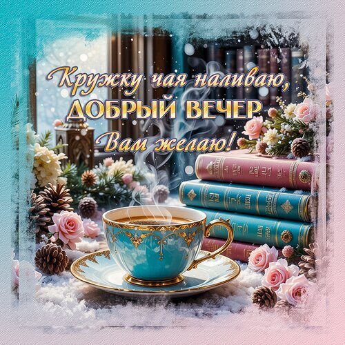 Уютная открытка «Добрый вечер!». Чашка чая, книги, розовые розы и снег. Красивое пожелание теплого и спокойного вечера для близких и друзей. Открытка Добрый вечер Уютная поздравительная открытка на вечер с чашкой ароматного чая. На изображении представлена красивая голубая чашка с золотистым узором, стоящая на фоне стопки старинных книг, нежных розовых роз и сосновых шишек. Атмосфера наполнена теплом, спокойствием и зимним уютом благодаря эффекту падающего снега