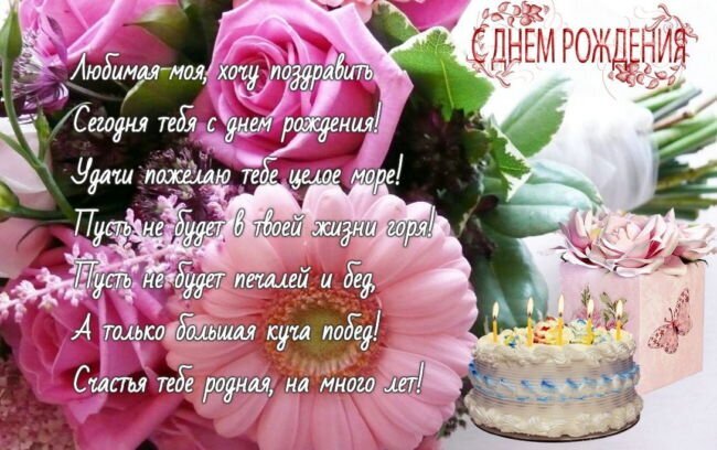 Красивая открытка с розовыми розами, тортом и нежным текстом поздравления с днем рождения для любимой женщины. Душевное пожелание счастья и побед. Открытка С днем рождения Красивая поздравительная открытка к дню рождения. На изображении пышный букет нежно-розовых роз и георгинов, праздничный торт со свечами и небольшая коробочка с подарком