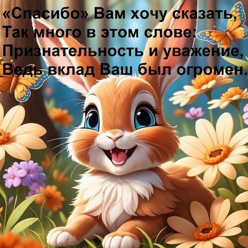 Трогательная открытка с милым кроликом и словами благодарности. Идеально подходит для выражения признательности, уважения и тепла близким людям. Открытка «Спасибо» Вам хочу сказать, Так много в этом слове: Признательность и уважение, Ведь вклад Ваш был о Милая и трогательная открытка с изображением улыбающегося рыжего кролика на фоне цветущего весеннего луга. На картинке изображены крупные белые и фиолетовые цветы, создающие атмосферу радости и тепла. Сверху наложен эмоциональный текст на русском языке: «