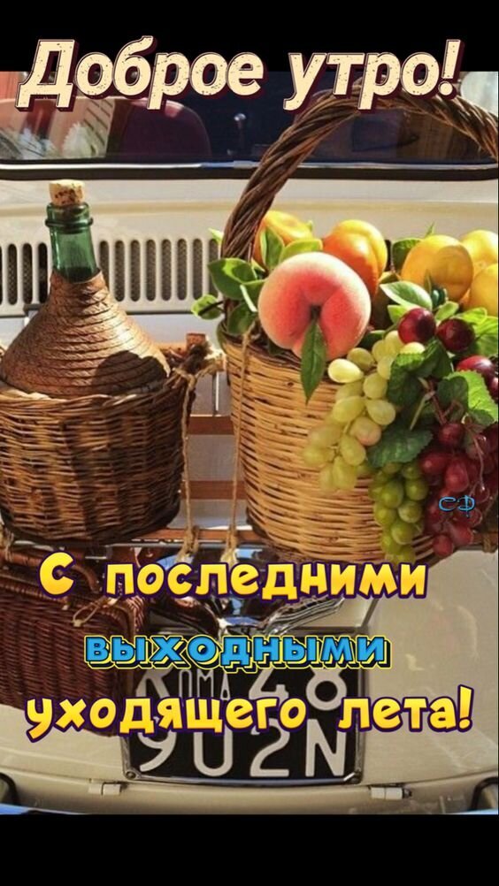 Доброе утро! Поздравление с последними выходными уходящего лета. Корзина с фруктами и вино в плетеной оплетке. Яркая летняя открытка для соцсетей. Открытка С последними выходными лета! Красочное поздравительное изображение с пожеланием доброго утра. На картинке представлена корзина с сочными фруктами: персиками, виноградом и сливами, а также бутылка вина в плетеной оплетке. Текст на русском языке гласит: «Доброе утро! С последними выходными уходящего лета!»
