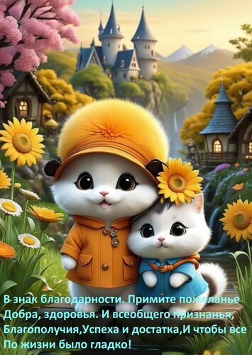 Милые котята на фоне сказочного замка и подсолнухов. Картинка с добрыми пожеланиями здоровья, успеха и благополучия для открыток и соцсетей. Открытка В знак благодарности примите пожеланье добра, здоровья и всеобщего признанья. Милая и добрая цифровая иллюстрация с двумя очаровательными котятами в одежде. Один котенок в желтой кепке и куртке, другой — в голубой кофте. Они находятся на фоне сказочного пейзажа с замком, цветущими деревьями и яркими подсолнухами. На картинке нанесен поздравительный текст на русском языке с пожеланиями добра, здоровья, успеха и благополучия