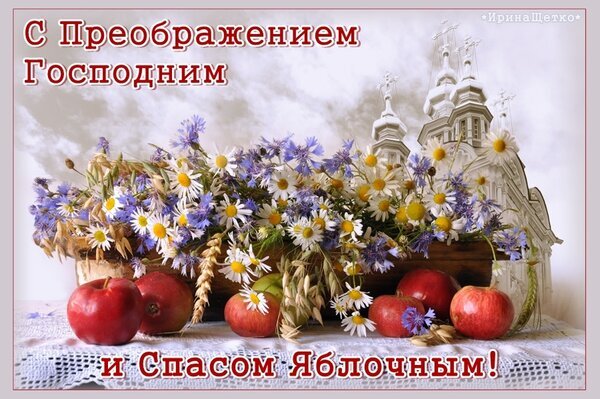Поздравление с Преображением Господним и Яблочным Спасом: букет полевых цветов, спелые яблоки и православный храм на праздничной открытке. Открытка Яблочный спас Праздничная открытка, посвященная двум православным праздникам: Преображению Господню и Яблочному Спасу. На изображении представлен пышный букет из полевых цветов (ромашек и синих астр) в деревянной корзинке, дополненный спелыми красными яблоками на белой кружевной скатерти. На заднем плане виден силуэт православного храма с куполами на фоне светлого неба