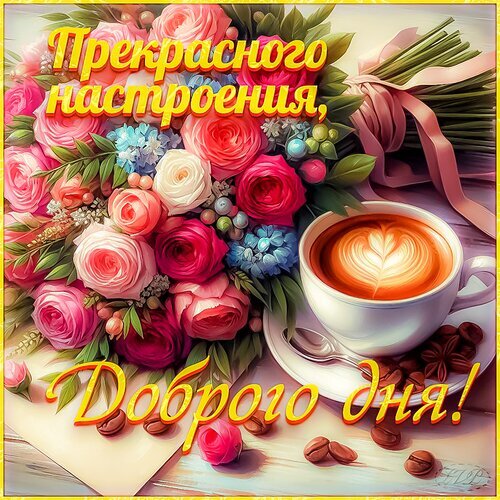 Красивая открытка с букетом роз и чашкой кофе. Надпись: «Прекрасного настроения, Доброго дня!». Позитивное пожелание для близких и друзей в соцсетях. Открытка Добрый ДЕНЬ Красивая и яркая поздравительная открытка с пышным букетом розовых и красных роз, нежными голубыми цветами и чашкой ароматного кофе с латте-артом. На изображении присутствует вдохновляющая надпись на русском языке: «Прекрасного настроения, Доброго дня!». Композиция дополнена кофейными зернами и розовой лентой, создавая уютную и позитивную атмосферу
