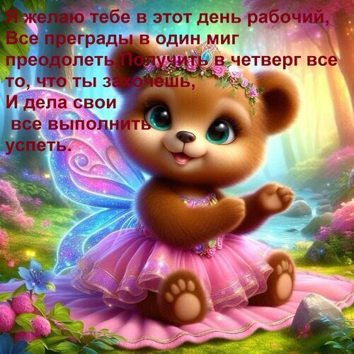 Милая открытка с медвежонком-феей: пожелания удачи в рабочий день и успехов в делах в четверг. Сказочная картинка для хорошего настроения! Открытка Я желаю тебе в этот день рабочий, Все преграды в один миг преодолеть, Получить в четверг все то, что Милая и яркая поздравительная открытка с изображением очаровательного медвежонка-феи в розовой балетной пачке. Медвежонок сидит в сказочном лесу среди цветов и бабочек. На картинке размещен оптимистичный текст на русском языке с пожеланиями удачи в рабочий день и успеха в делах в четверг