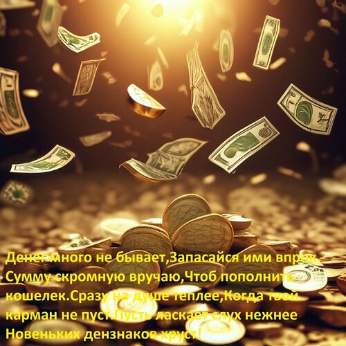 Золотые монеты и летящие долларовые купюры на фоне яркого света. Изображение богатства, успеха и финансовых накоплений с цитатой о деньгах. Открытка Денег много не бывает, Запасайся ими впрок. Сумму скромную вручаю, Чтоб пополнить кошелек. Сразу на Изображение, символизирующее богатство и финансовое процветание: на фоне золотого сияния в воздухе парят долларовые купюры, а внизу лежат горы золотых монет. На картинке наложен текст на русском языке о важности накоплений и радости от наличия денег
