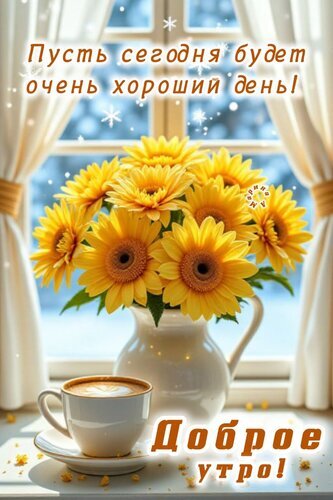 Красивая открытка «Доброе утро!» с букетом желтых гербер и чашкой кофе. Пожелание хорошего дня для создания уютного настроения и улыбки. Открытка Доброе утро! Пусть сегодня будет очень хороший день! Красивая поздравительная открытка для доброго утра. На изображении представлен пышный букет ярких желтых гербер в белой керамической вазе, стоящей на подоконнике. Рядом с вазой стоит чашка аппетитного кофе с густой пенкой на блюдце. Фон — светлое окно с заснеженным видом за стеклом и легкими белыми шторами, создающими уютную атмосферу. На картинке расположены надписи на русском языке: «Пусть сегодня будет очень хороший день!» сверху и «Доброе утро!» снизу