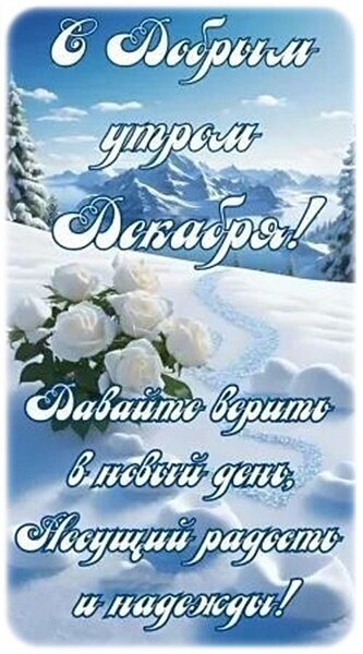 Зимняя открытка «С добрым утром декабря!». Белые розы, заснеженные горы и вдохновляющее пожелание радости и надежды на новый день. Идеально для поздравлений. Открытка С добрым утром декабря! Красивая поздравительная открытка с пожеланием доброго утра в декабре. На изображении заснеженные горы под голубым небом, пушистый белый снег и нежный букет белых роз. Текст на русском языке гласит: «С добрым утром декабря! Давайте верить в новый день, несущий радость и надежды!»