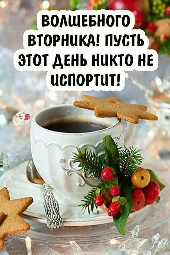 Пожелание волшебного вторника: уютная чашка кофе, имбирное печенье, еловые ветки и ягоды. Красивая праздничная открытка для хорошего настроения! Открытка Волшебного вторника! Уютная праздничная картинка с чашкой горячего кофе или чая, украшенная рождественскими элементами: имбирными печеньями в форме звезд, еловыми ветками и красными ягодами. На изображении присутствует поздравительный текст на русском языке: 