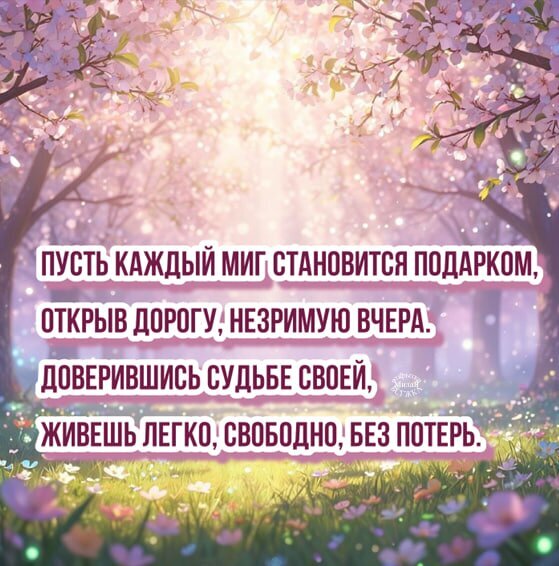 Вдохновляющая открытка с цветущими сакурами и мудрым текстом о ценности каждого момента, доверии судьбе и свободе жизни под солнечными лучами. Открытка Пусть каждый миг становится подарком, открыв дорогу, незримую вчера. Красивая вдохновляющая открытка с изображением цветущих сакур или вишневых деревьев под мягкими лучами весеннего солнца. На фоне нежных розовых цветов и солнечного света расположен философский текст на русском языке о важности каждого мгновения, доверии судьбе и жизни в легкости и свободе