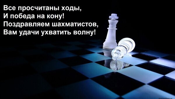 Поздравительная открытка для шахматистов с текстом о победе и удаче на фоне шахматной доски с фигурами в синих тонах. Открытка Все просчитаны ходы, И победа на кону! Поздравляем шахматистов, Вам удачи ухватить волну! Стильное поздравительное изображение к шахматному празднику или победе. На картинке изображена шахматная доска с белым королем и упавшей фигурой в эстетичной темной гамме с холодным синим освещением. На изображении нанесен поздравительный текст на русском языке: «Все просчитаны ходы, И победа на кону! Поздравляем шахматистов, Вам удачи захватить волну!»