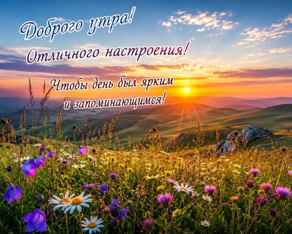 Доброе утро! Красивая открытка с рассветом в горах и цветами. Пожелание отличного настроения и яркого дня в живописном пейзаже. Открытка Доброе утро Красивая поздравительная открытка с пожеланием доброго утра и отличного настроения. На фоне живописного пейзажа изображен солнечный рассвет в горах, цветущий луг с полевыми цветами (ромашками и колокольчиками) и мягкие золотистые лучи солнца