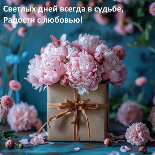 Нежный букет розовых пионов в крафтовой коробке с надписью Светлых дней всегда в судьбе, Радости с любовью!. Красивая открытка для поздравления. Открытка Светлых дней всегда в судьбе, радости с любовью! Эстетичное и нежное изображение букета из пышных розовых пионов, красиво упакованных в крафтовую коробку с атласной лентой. Композиция дополнена легкими розовыми бабочками и разбросанными лепестками на фоне мягкого сине-голубого оттенка. Картинка содержит вдохновляющую надпись на русском языке: 