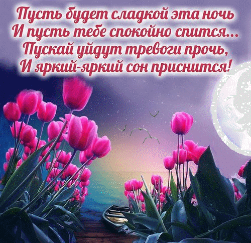 Открытка «Спокойной ночи» с розовыми тюльпанами и добрым пожеланием. Нежное изображение для приятных снов и душевного спокойствия. Анимированная открытка Пусть будет сладкой эта ночь, и яркий сон тебе приснится! Красивая поздравительная открытка на ночь с нежными розовыми тюльпанами на фоне закатного или лунного неба. На изображении расположен трогательный текст на русском языке: «Пусть будет сладкой эта ночь И пусть тебе спокойно спится... Пускай уйдут тревоги прочь, И яркий-яркий сон приснится!»