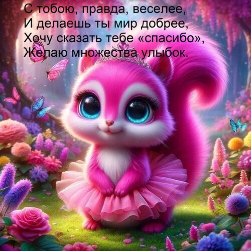 Милая открытка с розовым сказочным зверьком в тиаре и пачке. Трогательные слова благодарности и пожелания улыбок в окружении цветов и бабочек. Открытка С тобою, правда, веселее, И делаешь ты мир добрее, Хочу сказать тебе «спасибо», Желаю множества улыб Милая и яркая открытка с изображением очаровательного розового зверька, напоминающего белку или котенка в образе сказочной принцессы. Персонаж одет в пышную розовую пачку и украшен сверкающей тиарой. Вокруг зверька — волшебный сад с разноцветными цветами и порхающими бабочками. На картинке размещен трогательный текст на русском языке о благодарности и доброте