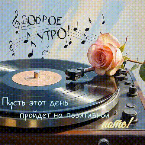 Доброе утро! Красивая открытка с виниловым проигрывателем, розой и музыкальными нотами. Пожелание позитивного дня в эстетичном ретро-стиле. Анимированная открытка Доброе утро! Пусть этот день пройдет на позитивной ноте! Эстетичная открытка с пожеланием доброго утра. На изображении представлен винтажный проигрыватель виниловых пластинок, на котором лежит нежная розовая роза. Вокруг пластинки парят музыкальные ноты, а сверху каллиграфическим шрифтом написано «Доброе утро!». В нижней части картинки расположена вдохновляющая надпись на русском языке: «Пусть этот день пройдет на позитивной ноте!». Иллюстрация выполнена в мягких, теплых тонах, создавая атмосферу уюта, романтики и хорошего настроения