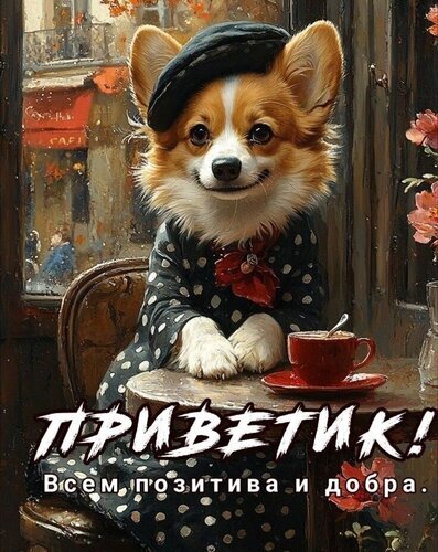 Милый корги в берете и платье в горошек сидит в кафе с чашкой чая. Надпись: «ПРИВЕТИК! Всем позитива и добра». Позитивная картинка для настроения. Открытка Приветик Очаровательная цифровая иллюстрация с милым корги в образе элегантной леди. Собака одета в стильное черное платье в белый горошек с красным бантом и черную берет, сидя за столиком в уютном кафе с чашкой красного чая. На переднем плане надпись на русском языке «ПРИВЕТИК! Всем позитива и добра»