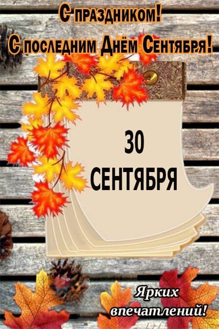 Поздравительная открытка «С последним днем сентября!». Яркие осенние листья, кленовый декор и пожелание ярких впечатлений к 30 сентября. Открытка С последним днем сентября! Красочная поздравительная открытка к последнему дню сентября. На изображении представлен календарный лист с надписью «30 сентября» на фоне деревянной текстуры. Декор дополнен яркими осенними кленовыми листьями оранжевого и красного цветов, а также шишками. Вверху расположена надпись «С праздником! С последним днем сентября!», а внизу — пожелание «Ярких впечатлений!»